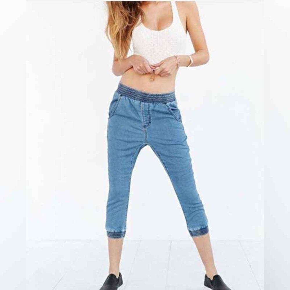 One Teaspoon Cropped Jogger Jeans 24 XS Drop Rise Sport Y2K Grunge Blue Falcons